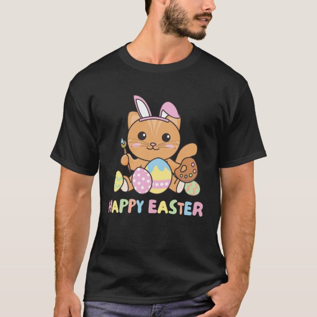 Happy Easter Cute Cat For Easter With Easter Eggs T-Shirt (Front)