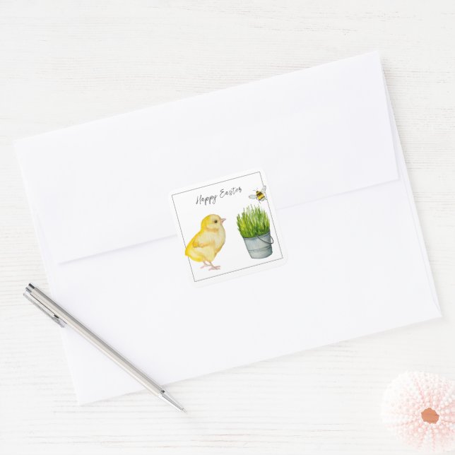 Happy Easter, cute chick and bumblebee Square Sticker (Envelope)