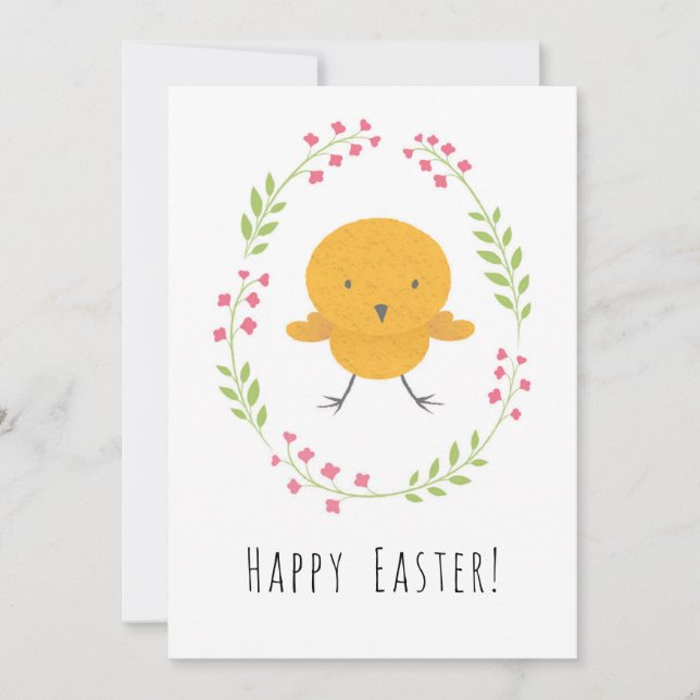 Happy Easter Cute Chick Floral Egg Wreath Card (Front)