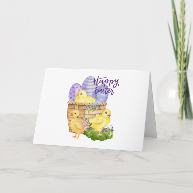 Happy Easter Cute Chicks and Easter Eggs Basket  Card (Front)