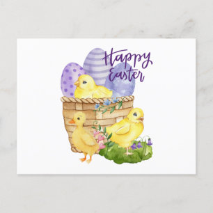 Happy Easter Cute Chicks and Easter Eggs Basket Postcard