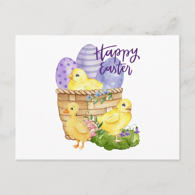 Happy Easter Cute Chicks and Easter Eggs Basket Postcard (Front)