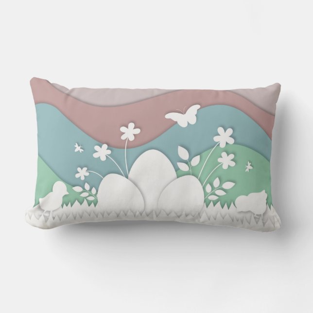 Happy Easter, cute chicks, easter eggs on grass Lumbar Cushion (Front)