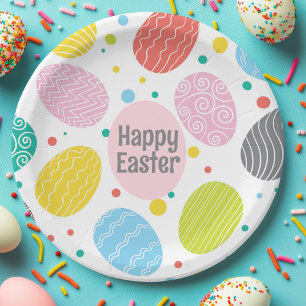 HAPPY EASTER Cute Coloured Eggs Paper Plate