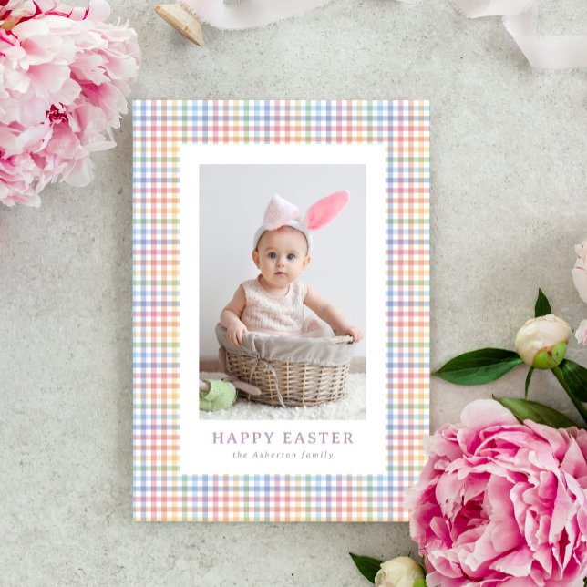 Happy Easter cute colourful plaid one photo Holiday Card (Creator Uploaded)