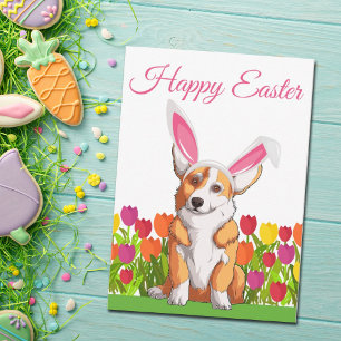 Happy Easter Cute Corgi Bunny Floral Custom Card