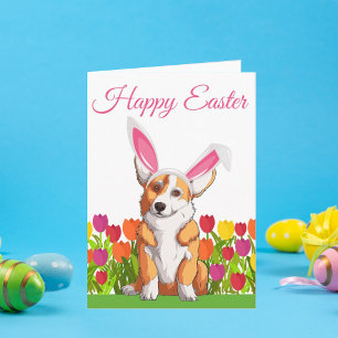 Happy Easter Cute Corgi Easter Bunny Flowers Card