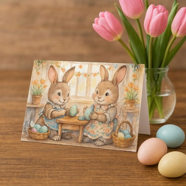 Happy Easter Cute Easter Bunnies & Eggs  Holiday Card (sweet Easter bunnies coloring eggs. mockup )