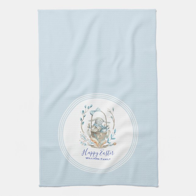 Happy Easter Cute Easter Bunny Basket Tea Towel (Vertical)