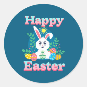 Happy Easter Cute Easter Bunny Egg Hunt Colourful Classic Round Sticker