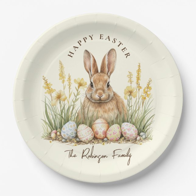 Happy Easter Cute Floral Spring Rabbit Paper Plate (Front)