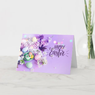 Happy Easter Cute Flower and Eggs on Purple Card