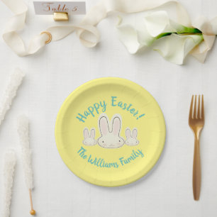 Happy Easter Cute fun bunnies yellow custom script Paper Plate