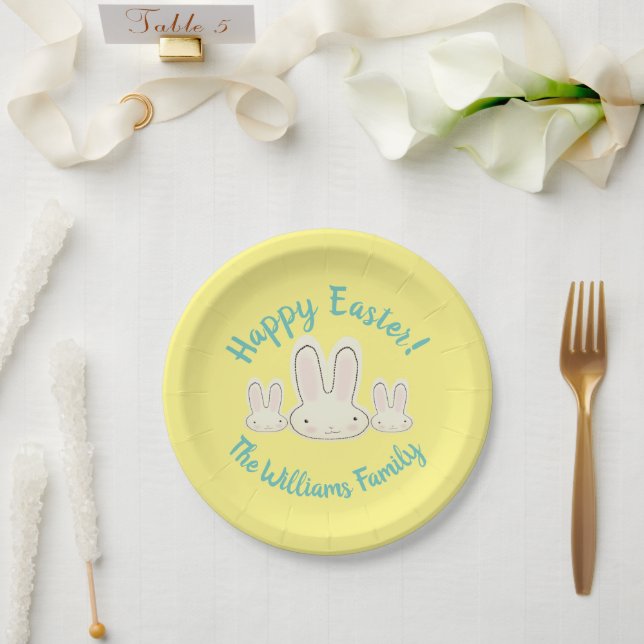 Happy Easter Cute fun bunnies yellow custom script Paper Plate (Wedding)
