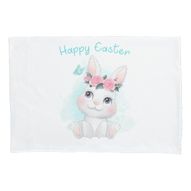 Happy Easter – Cute Girls & Women Bunny Watercolor Pillowcase (Front)