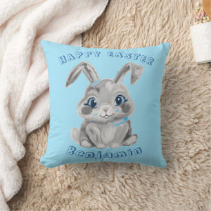 Happy Easter Cute Grey Bunny Rabbit Blue Name Cushion
