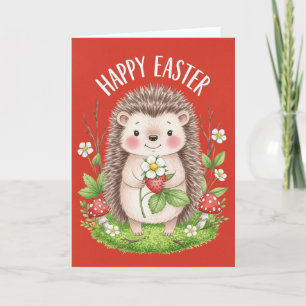 Happy Easter Cute Hedgehog Holding Strawberry Card