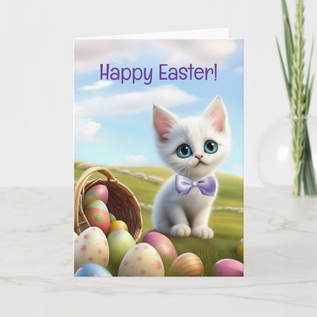 Happy Easter Cute Kitten with Easter Basket  Card (Front)