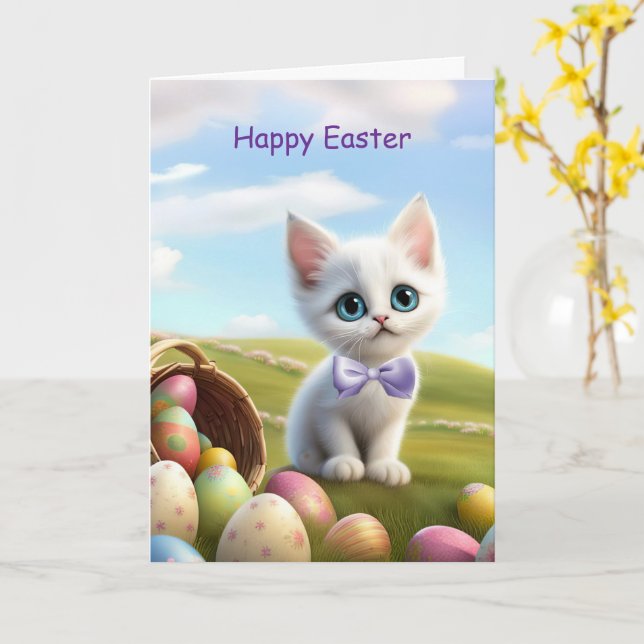 Happy Easter Cute Kitten with Easter Basket Card (Yellow Flower)