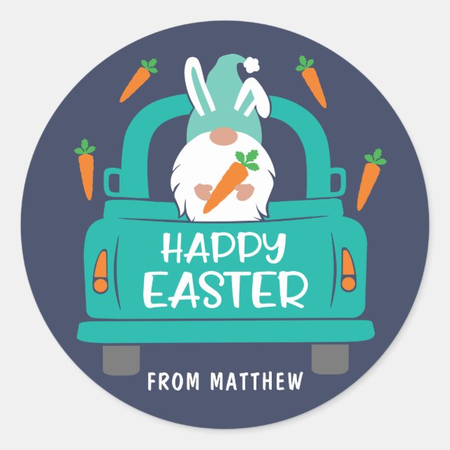 Happy Easter Cute Modern Gnome Truck Name Classic Round Sticker (Front)