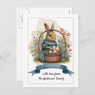 Happy Easter. Cute Old-Fashioned Bunny with Eggs  Holiday Postcard