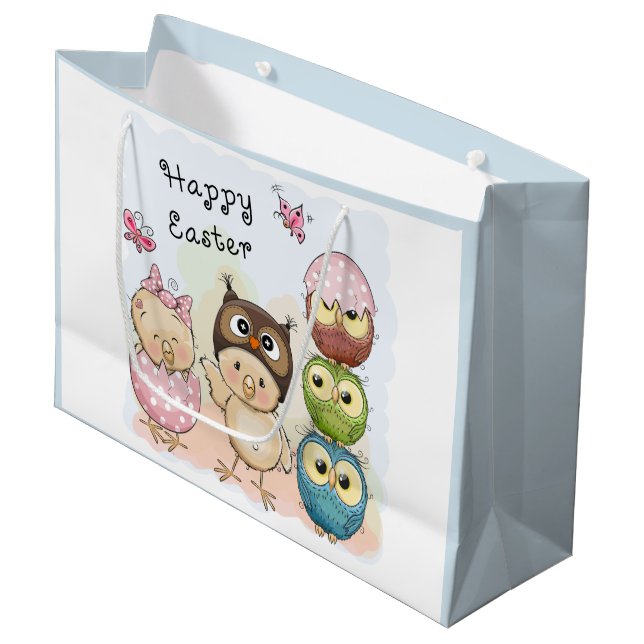 Happy Easter Cute Owl Chicks Blue | Holidays Large Gift Bag (Front Angled)
