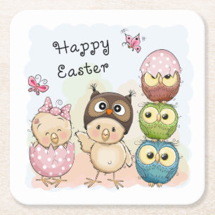 Happy Easter Cute Owl Chicks   Holidays Square Paper Coaster
