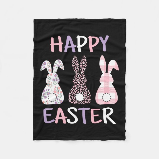 Happy Easter Cute Pink Leopard Plaid Flower Bunny  Fleece Blanket (Front)