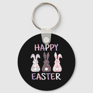 Happy Easter Cute Pink Leopard Plaid Flower Bunny Key Ring