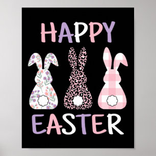 Happy Easter Cute Pink Leopard Plaid Flower Bunny Poster
