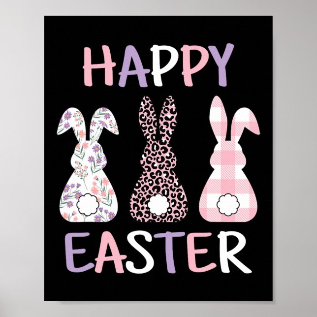 Happy Easter Cute Pink Leopard Plaid Flower Bunny  Poster (Front)