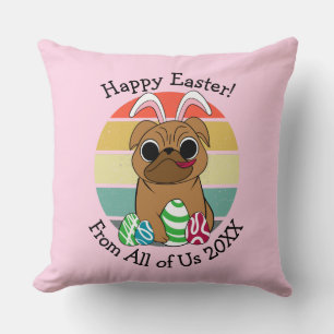 Happy Easter Cute Pug w Bunny Ears & Colourful Egg Cushion