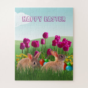 Happy Easter Cute Rabbit Tulips and Coloured Eggs Jigsaw Puzzle
