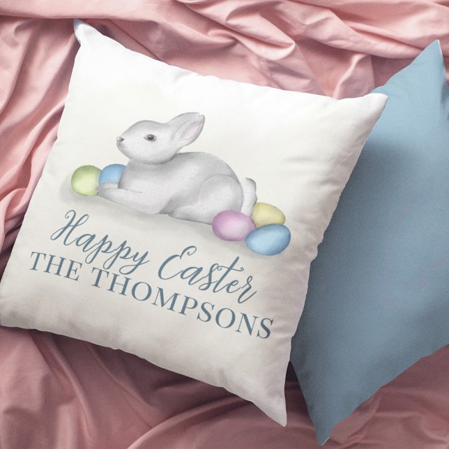 Happy Easter Cute Simple Typography Pastel Elegant Cushion (Cute Easter bunny Happy Easter typography throw pillow. )