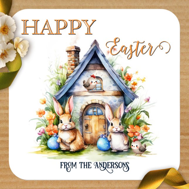 Happy Easter Cute Spring Watercolor Bunny Square Sticker (Happy Easter sticker featuring a cute spring watercolor painting with bunnies and birds)