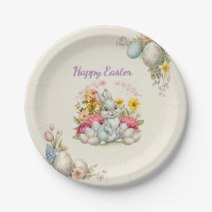 Happy Easter Cute Water Color bunny Paper Plate