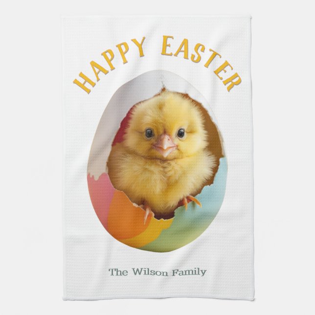 Happy Easter Cute Yellow Chick Egg Personalised Tea Towel (Vertical)