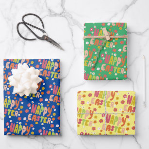Happy Easter Daisies Colourful Modern Bubble Lette Wrapping Paper Sheet