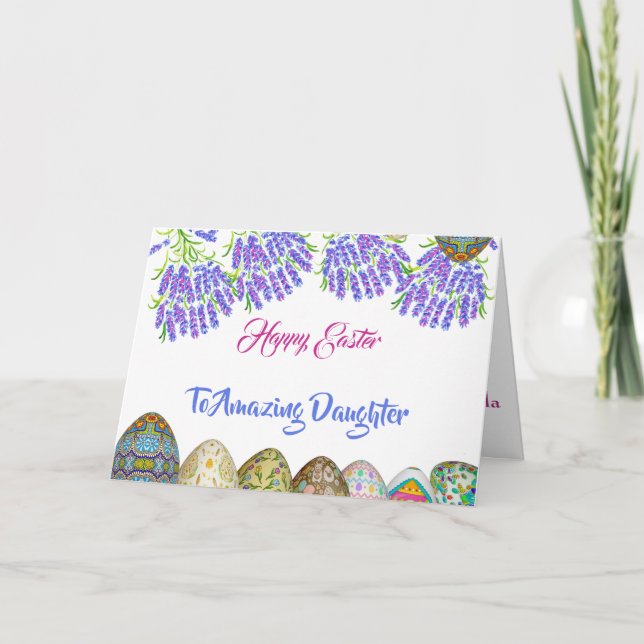 Happy Easter Daughter Purple Blue Lilac Floral Egg Holiday Card (Front)