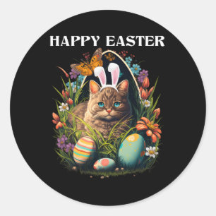 Happy Easter Day Bunny Cat Eggs Basket Men Women C Classic Round Sticker