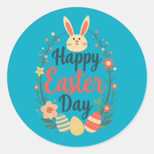 Happy Easter Day Bunny & Eggs Classic Round Sticker