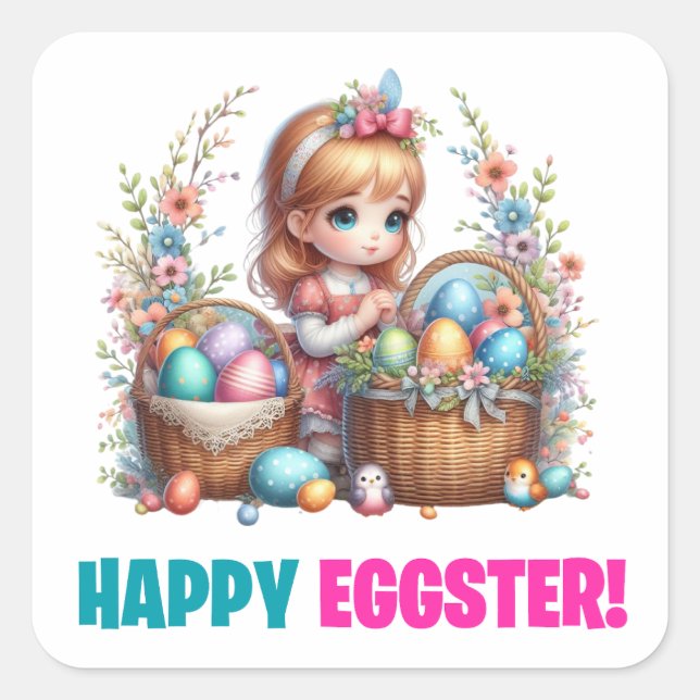 Happy Easter Day - Cute Baby Rabbit Square Sticker (Front)