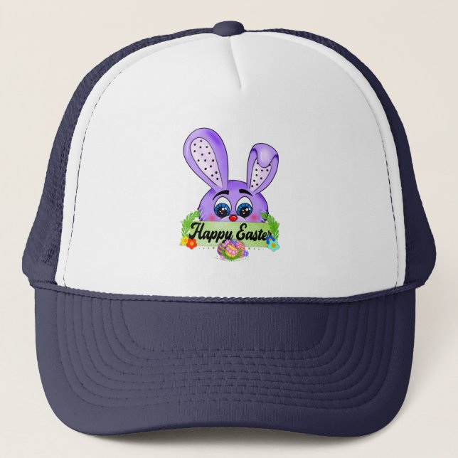 Happy Easter Day, Cute Bunny Ears Cartoon Trucker Hat (Front)