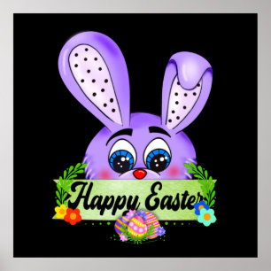 Happy Easter Day, Cute Bunny Ears Kawaii Poster