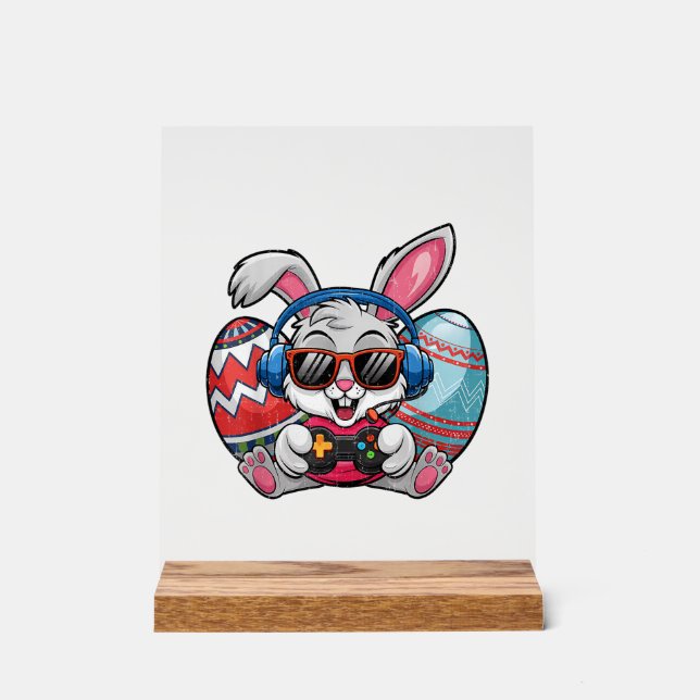 Happy Easter Day Cute Bunny Playing Video Game Kid Acrylic Sign (Front)