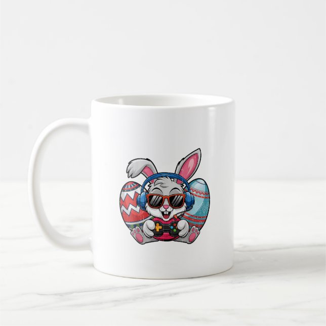 Happy Easter Day Cute Bunny Playing Video Game Kid Coffee Mug (Left)