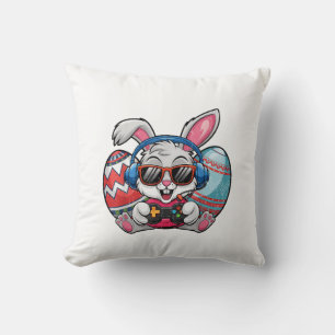 Happy Easter Day Cute Bunny Playing Video Game Kid Cushion