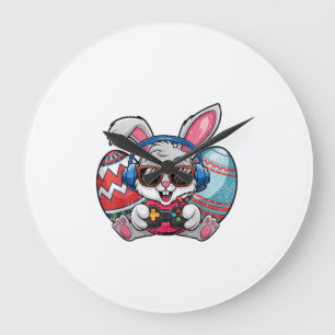 Happy Easter Day Cute Bunny Playing Video Game Kid Large Clock