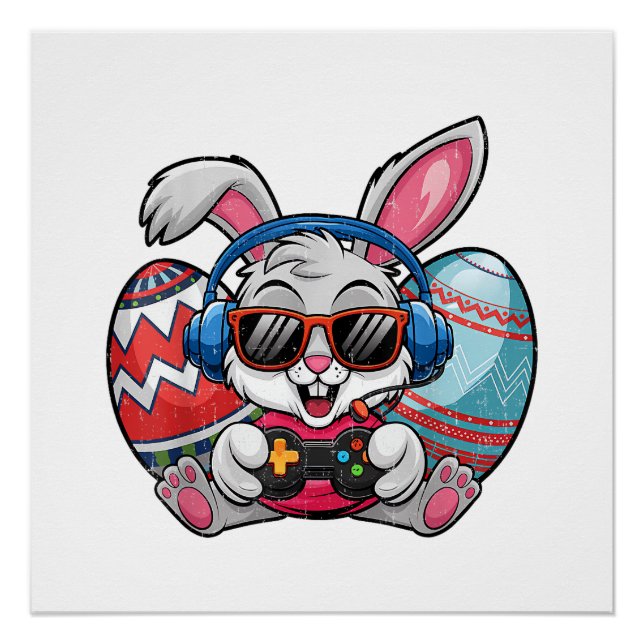 Happy Easter Day Cute Bunny Playing Video Game Kid Poster (Front)