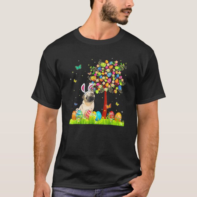 Happy Easter Day Cute Bunny Pug Easter Eggs Tree D T-Shirt (Front)